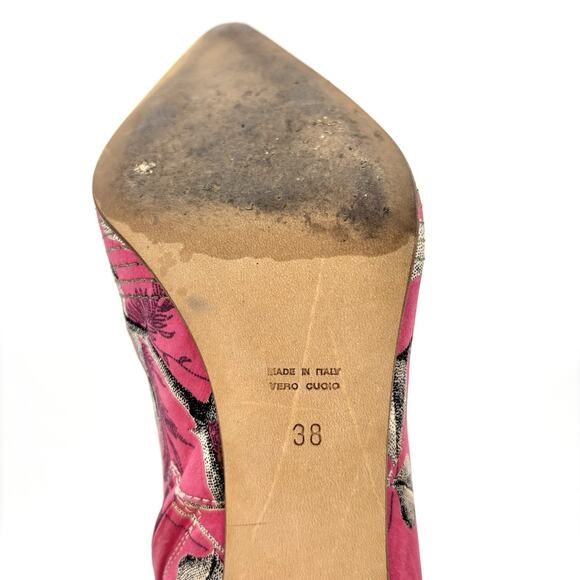Roberto Cavalli Pink Patchwork Floral Print Pointed Toe Heeled Boots 38 - Picture 7 of 9